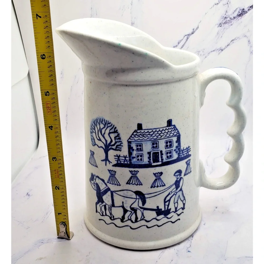 Vintage White Ceramic Plow Scene Speckle Homestead Provincial Poppytrail Pitcher